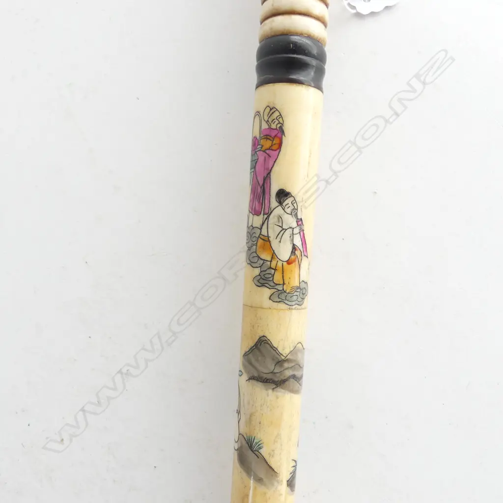 DECORATED CHINESE BONE WALKING STICK w. BRASS HANDLE L.930mm Image 1++