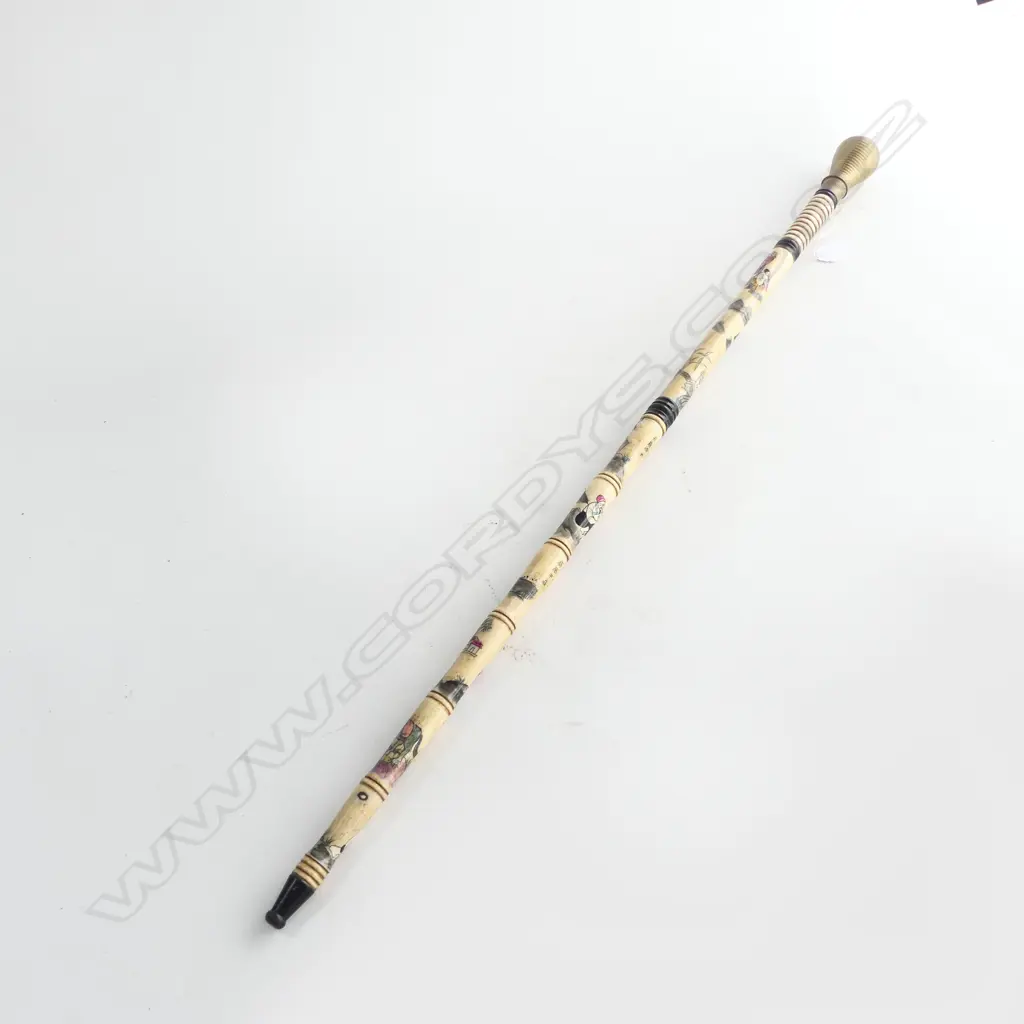 DECORATED CHINESE BONE WALKING STICK w. BRASS HANDLE L.930mm Image 1++