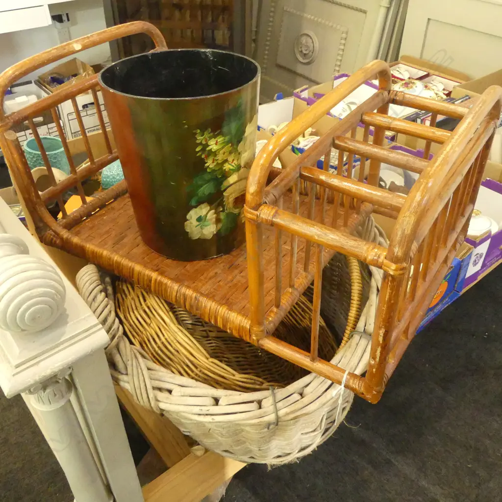 4 PCES; 2 WOVEN BASKETS, PAPER BIN, CANED SIDE TABLE W.615mm Image 1++