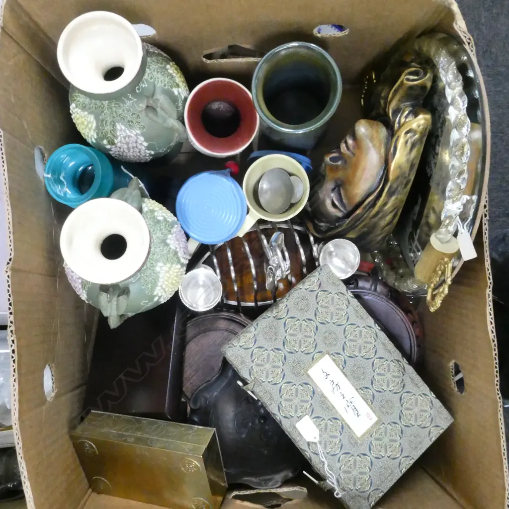 ASTT. Incl. 2 BOURN-VITA MUGS, 2 JAPANESE VASES, ASST. WOODEN STANDS, etc Image 1++