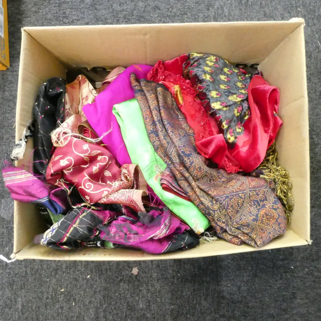 ASST. SCARVES, SARI, PASHMINA, GREEN MACHINED PRAYER MAT ETC Image 1++