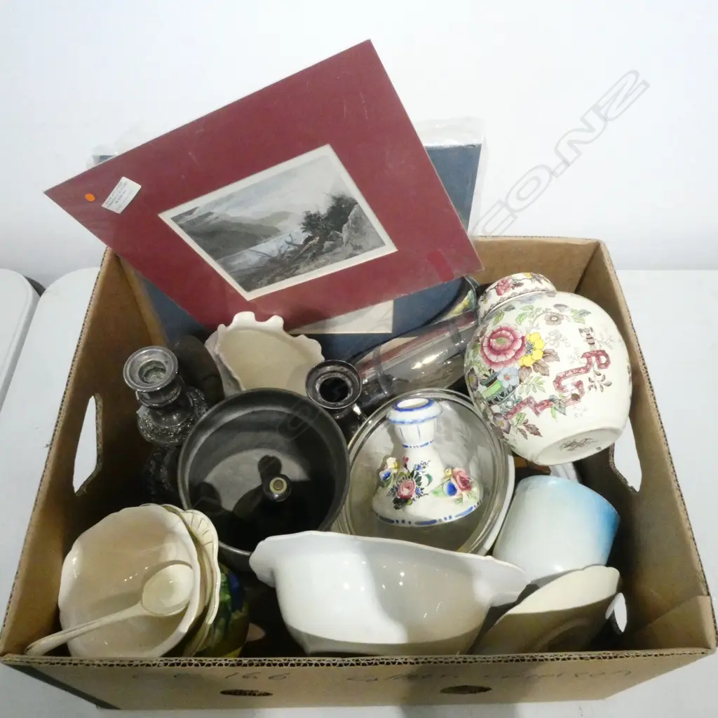 BOX OF ASST. CHINA; MASONS GINGER JAR, SOME EP, 2 ANTIQUE PRINTS, etc Image 1++