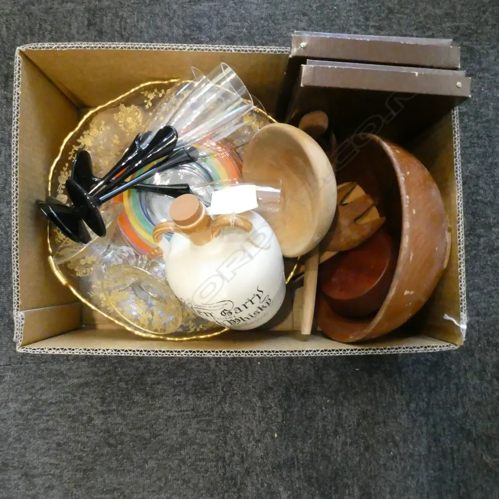ASST. WOODWARE, GLASS, WHISKEY DECANTER, BOXED CUTLERY, etc Image 1++