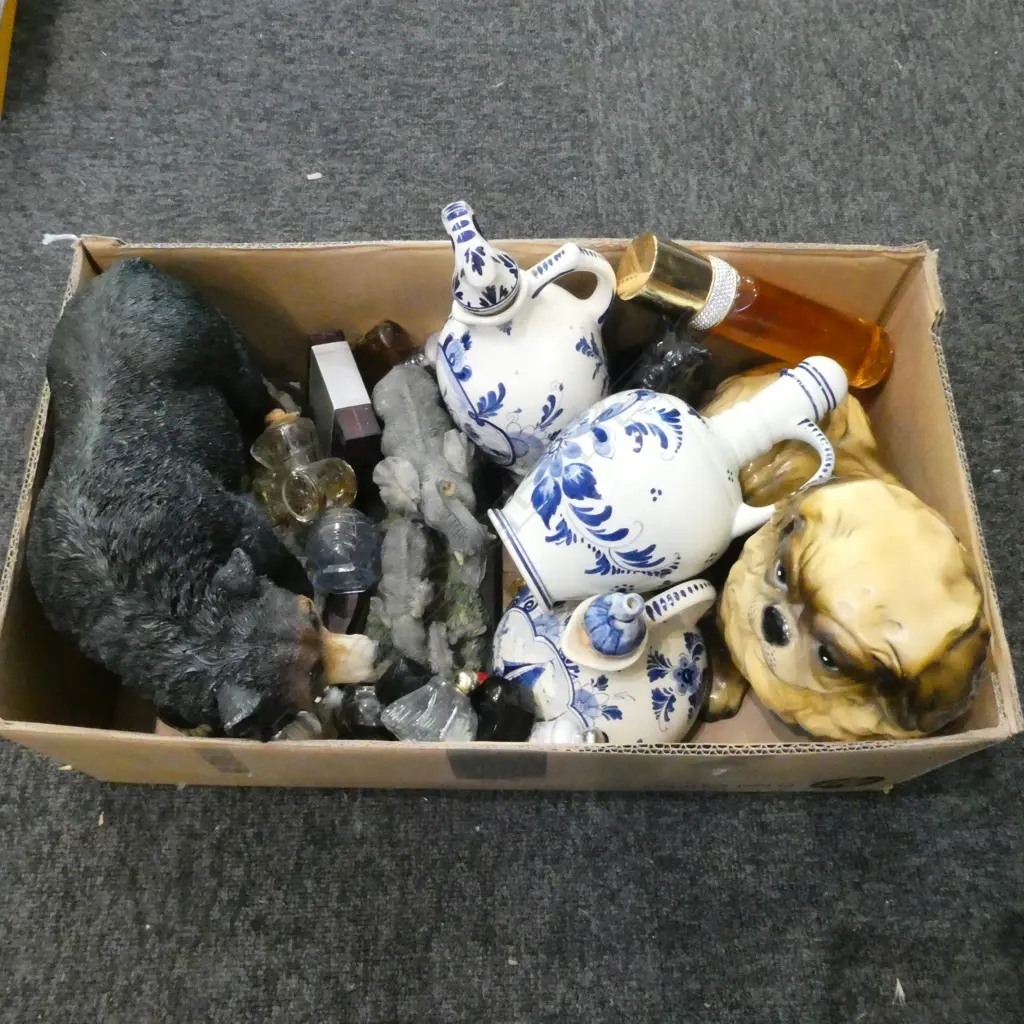 CERAMIC DOG (repaired), 2 RESIN ANIMALS, 3 DELFT JUGS, PERFUMES ETC Image 1++