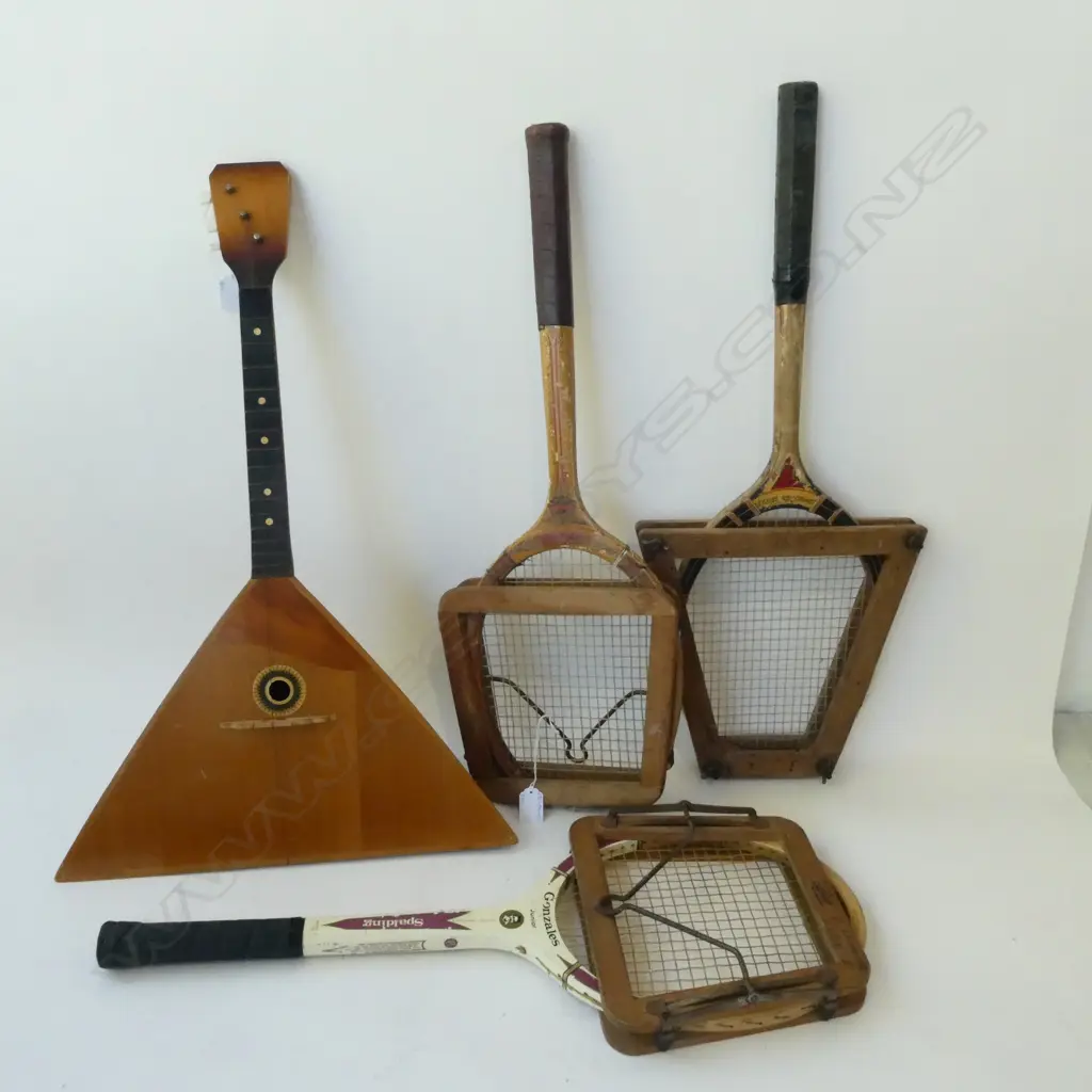 3 VINTAGE WOODEN RACKETS + BALALAIKA (NEEDS NEW STRINGS) Image 1++
