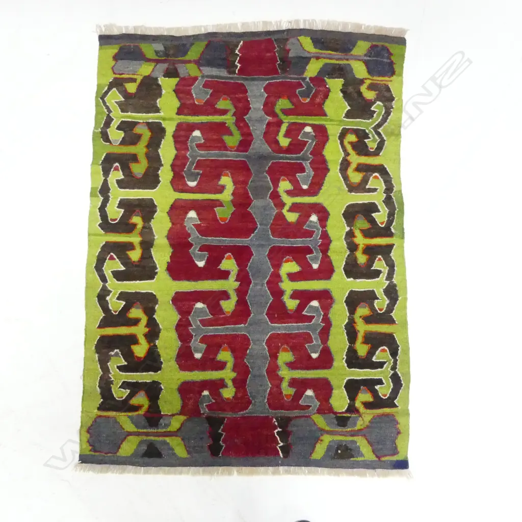 SMALL KELIM RUG GREEN & RED GEOMETRIC PAT L1110 W810MM Image 1++
