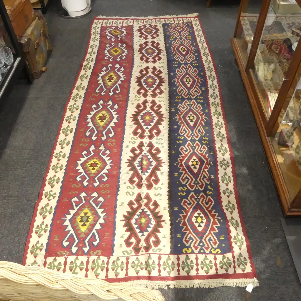 KELIM RUG WASHED REDS BLUES & IVORY COLOURS L2490 W1120MM Image 1++