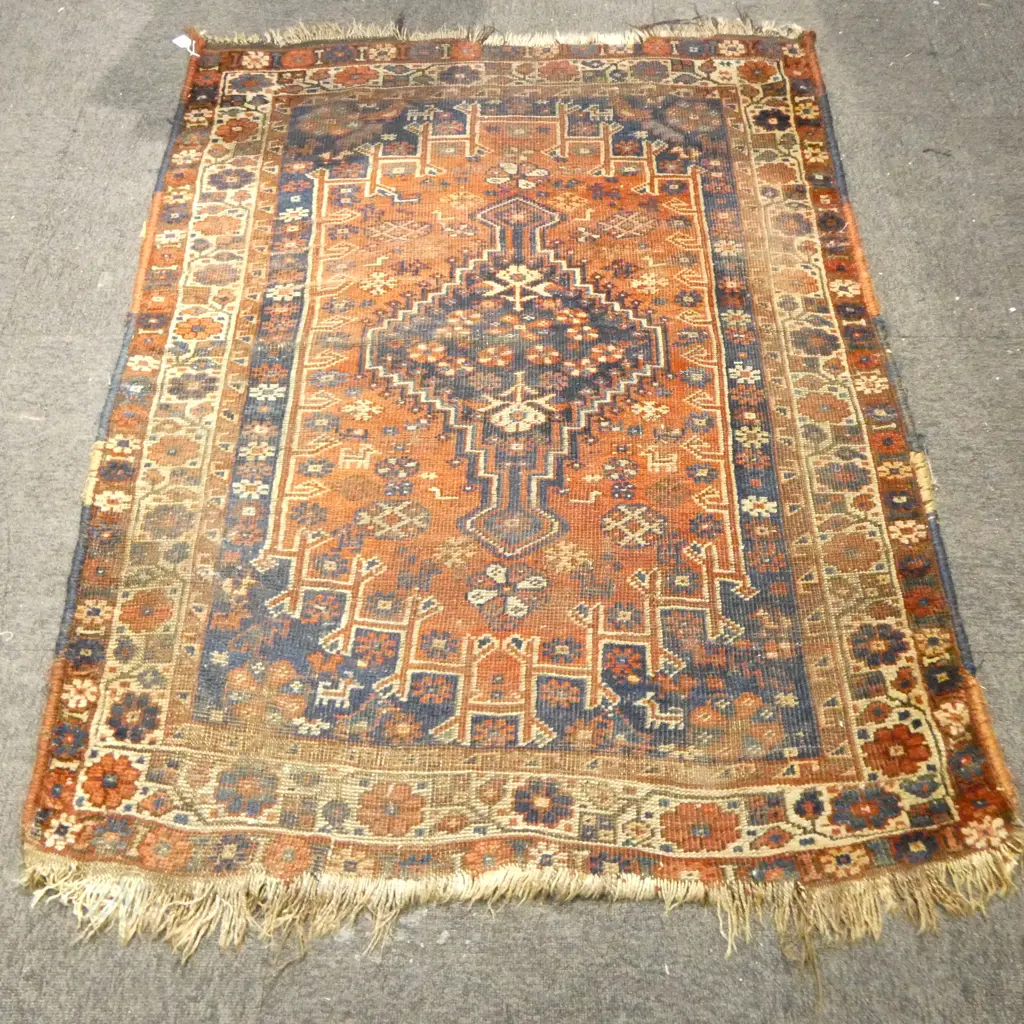 VINTAGE HAND KNOTTED ALL WOOL RUG, WORN 1500x1100mm Image 1++