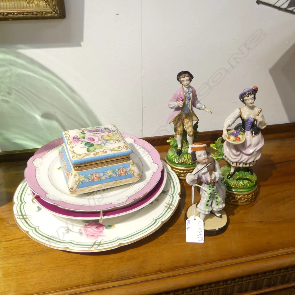 3 ANTIQUE PORCELAIN FIGURINES; PR + 1 H.190mm + LIDDED CONTAINER & 3 PLATES Image 1++