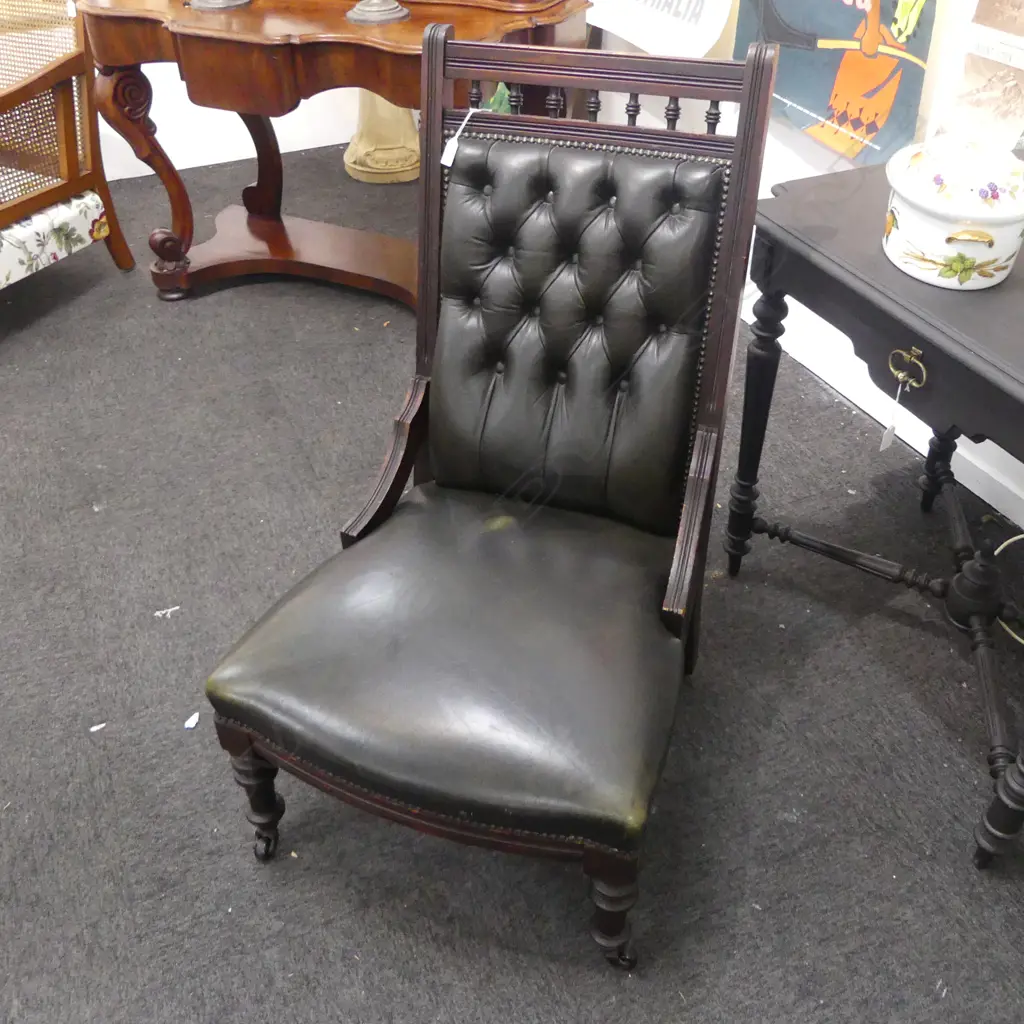 EDWARDIAN KAURI COLONIAL NURSING CHAIR IN GREEN LEATHER.. Image 1++