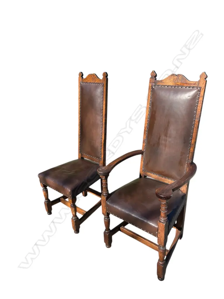 10 ANTIQUE OAK HIGHBACK BARONIAL CHAIRS, STUDDED BROWN LEATHER SEATS/BACKS, H.XXXmm Image 1++