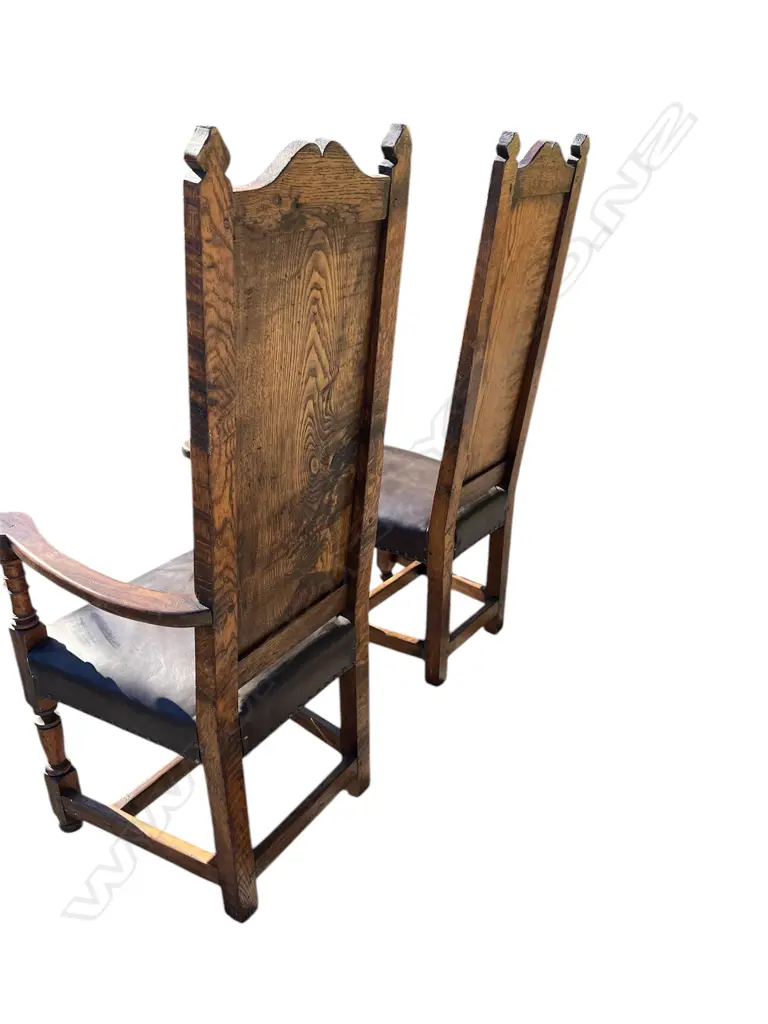 10 ANTIQUE OAK HIGHBACK BARONIAL CHAIRS, STUDDED BROWN LEATHER SEATS/BACKS, H.XXXmm Image 1++
