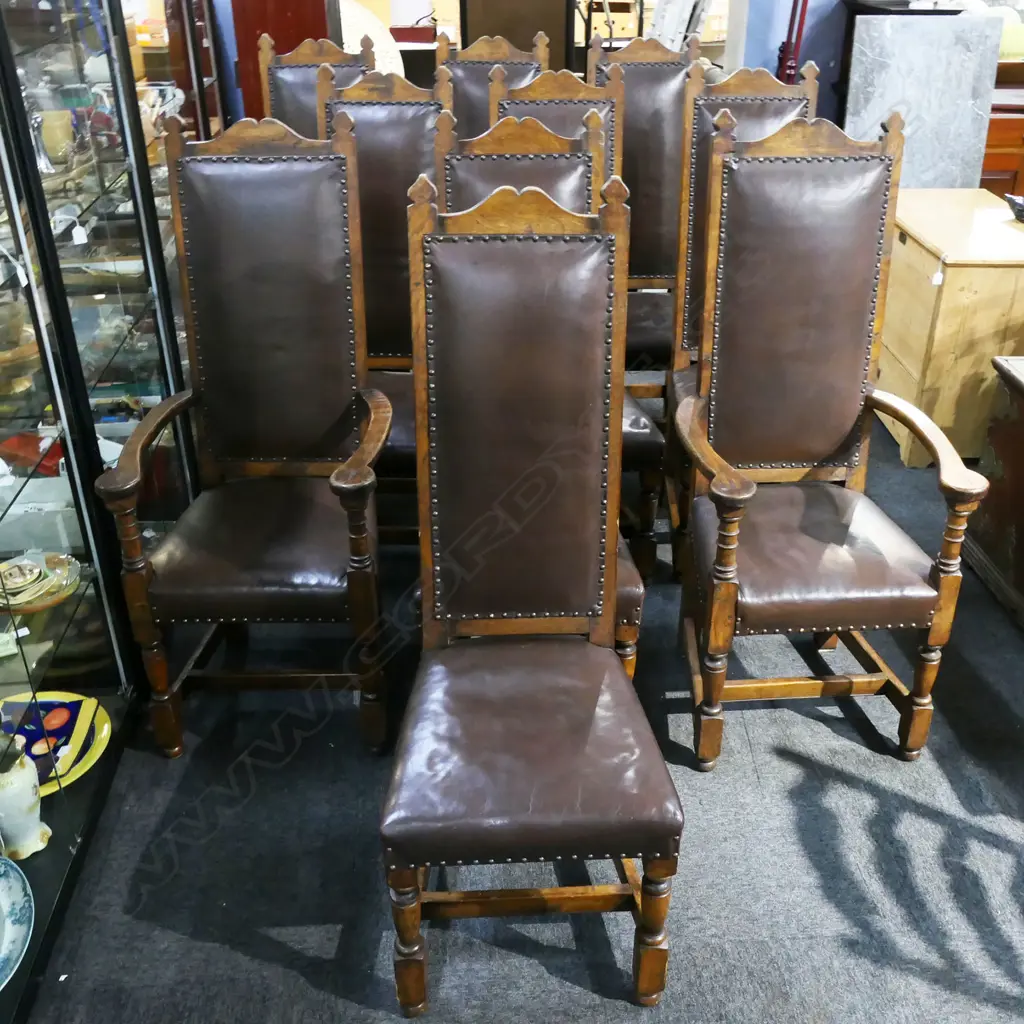 10 ANTIQUE OAK HIGHBACK BARONIAL CHAIRS, STUDDED BROWN LEATHER SEATS/BACKS, H.XXXmm Image 1++
