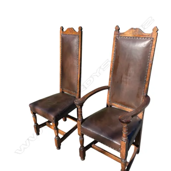 10 ANTIQUE OAK HIGHBACK BARONIAL CHAIRS, STUDDED BROWN LEATHER SEATS/BACKS, H.XXXmm