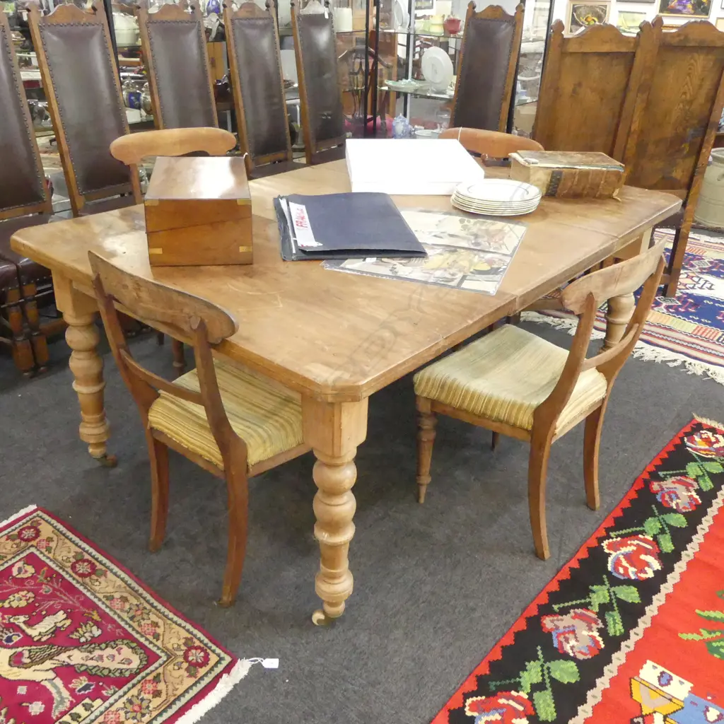 VICTORIAN CRANK EXTENSION DINING TABLE & 4 BAR BACK CHAIRS (one tableleg eaten by dog) 1230 x 1200 x 750mm (without leaf Image 1++