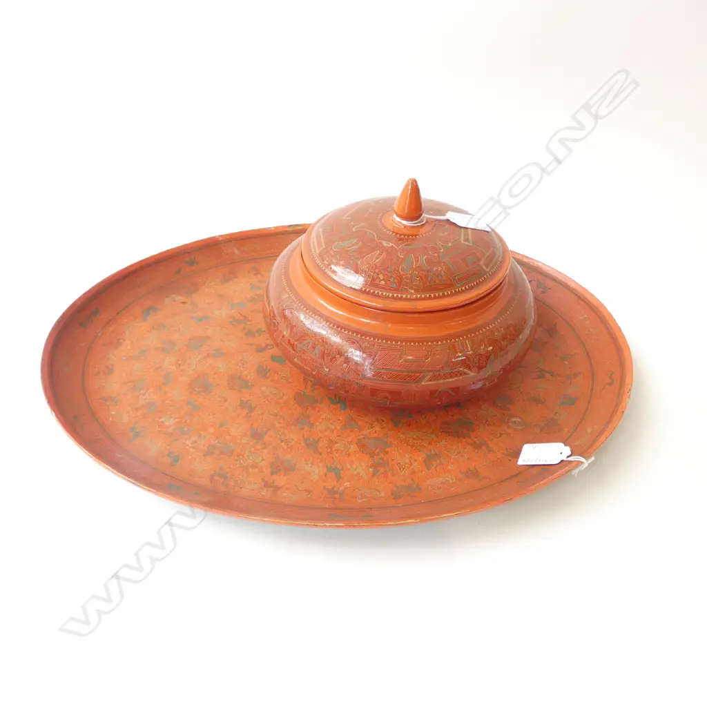 ORIENTAL LACQUER LIDDED CONTAINER 220mm dia & TRAY W.490mm Image 1++