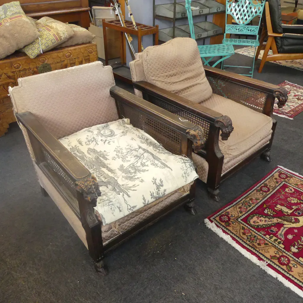 PAIR OF ANTIQUE BERGERE CHAIRS GOAT HEAD ARMS/HOOF FEET (one chewed by dog) 700 x 800 x 700mm Image 1++