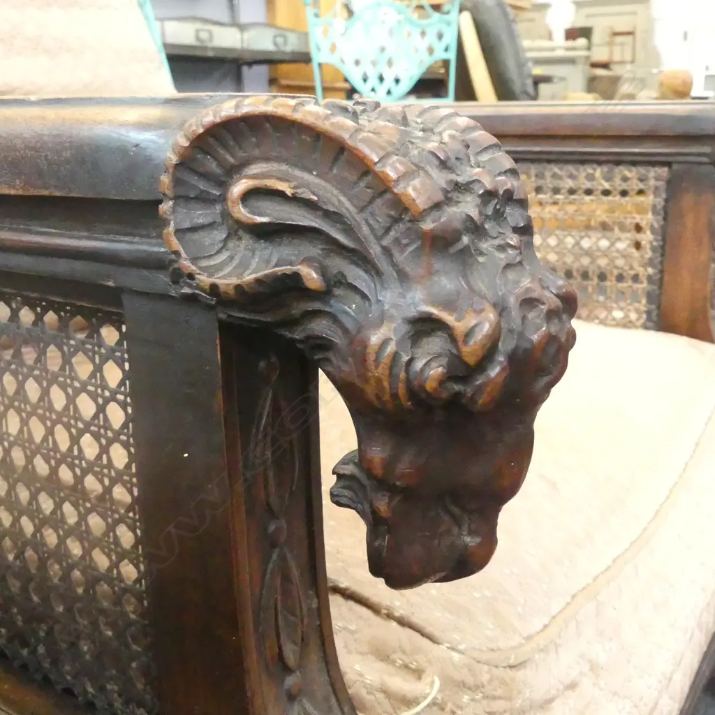 PAIR OF ANTIQUE BERGERE CHAIRS GOAT HEAD ARMS/HOOF FEET (one chewed by dog) 700 x 800 x 700mm Image 1++