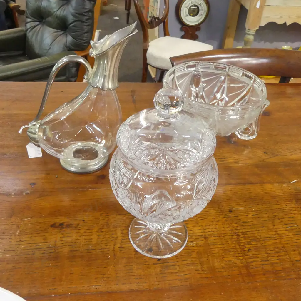 CRYSTAL BON BON JAR + DECO GLASS FRUIT BOWL + NOUVEAU CLARET JUG H.255mm Image 1++