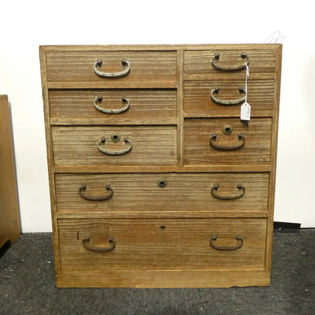 VINTAGE JAPANESE PALE WOOD 8 DRAWER 2 DOOR SMALL TANSU COLLECTOR'S CABINET W.500mm Image 1++