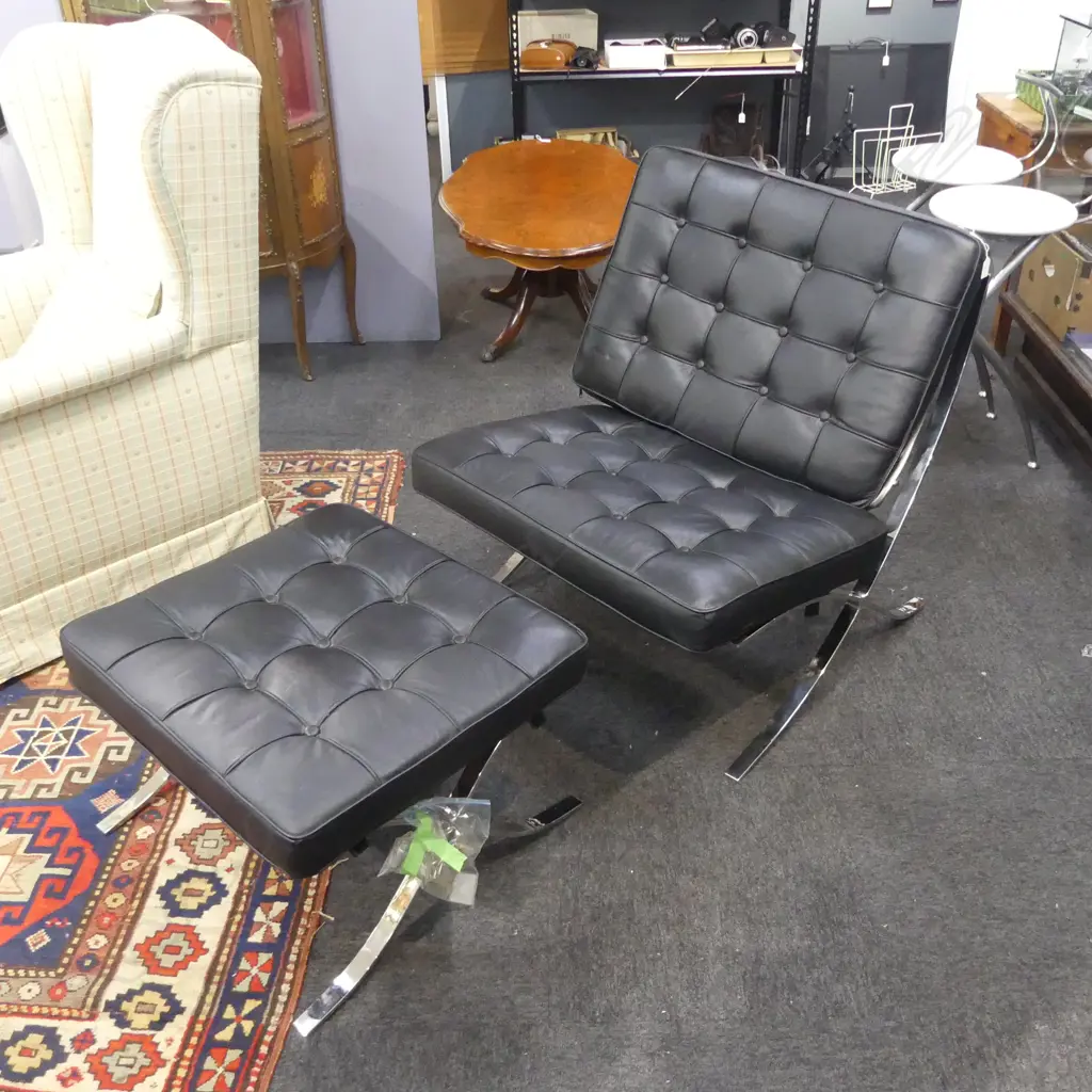 BLACK VINYL BARCELONA CHAIR & FOOTSTOOL Image 1++