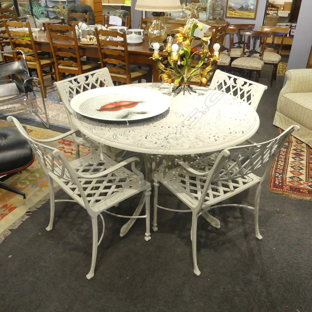 5 PCE PAINTED METAL PATIO SET; TABLE 1140mm dia, 4 CHAIRS Image 1++