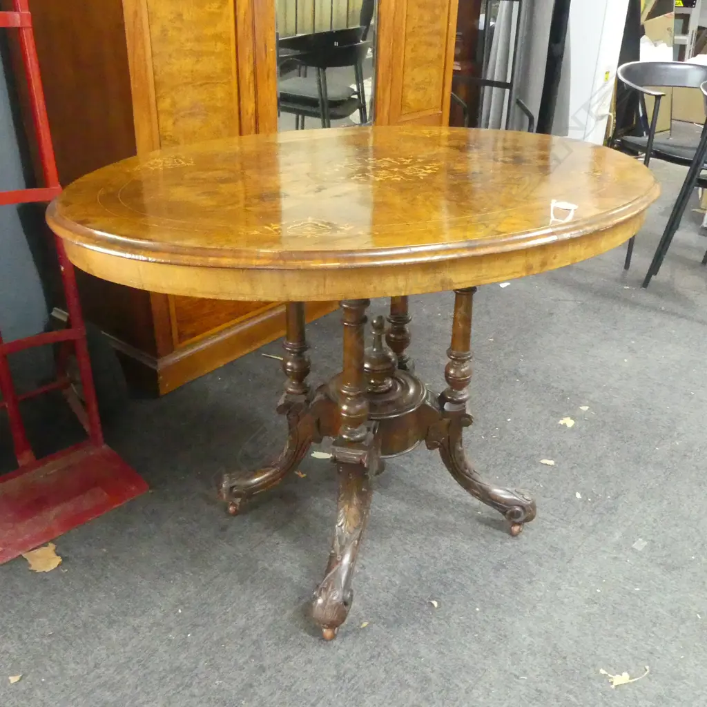 VICTORIAN OVAL INLAID OCCASIONAL TABLE - borer to one leg 1050x780x730mm Image 1++