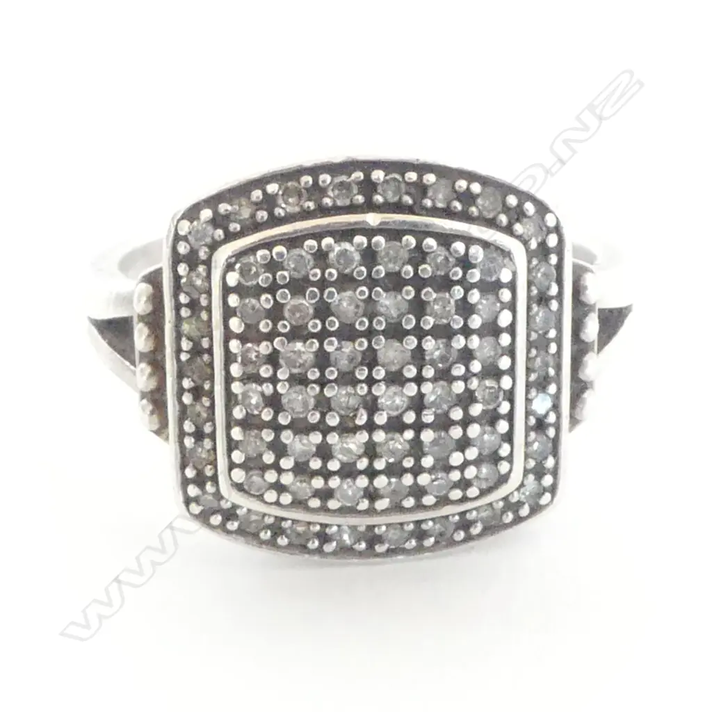VINTAGE SILVER & MULTI DIAMOND PAVE SET RING wide rounded square top SIZE Q Image 1++