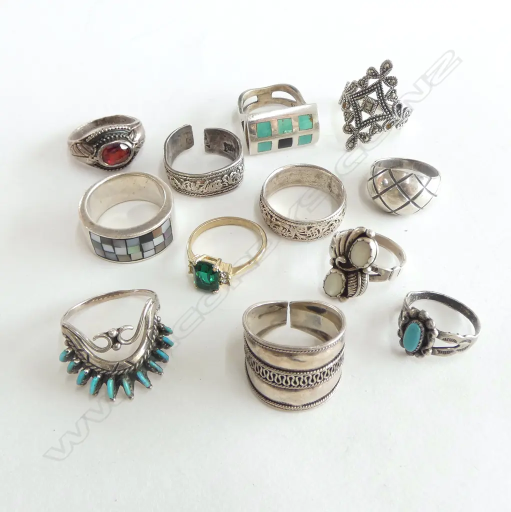 12 ASST. RINGS, MOSTLY STG SILVER, 53grms Image 1++