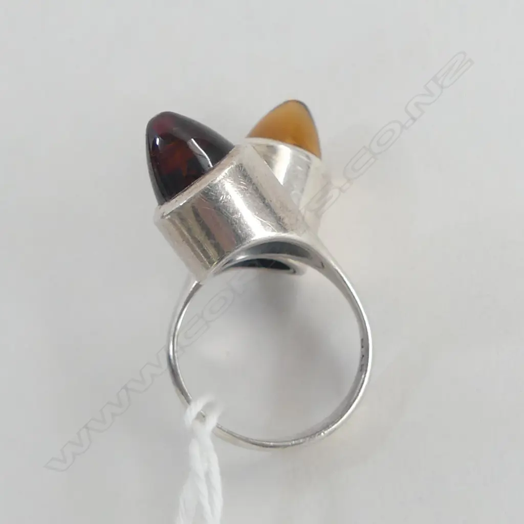 Attributed Kobi Bosshard MODERNIST DESIGNER SILVER RING with twin cylinders set w pointed cabochon gem stones (amber?) Image 1++