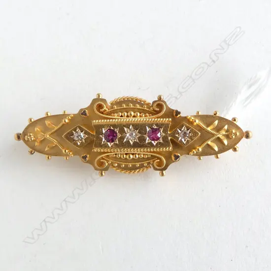 **RTV**  15ct DIAMOND & RUBY BROOCH VICTORIAN but as new 5.5gms