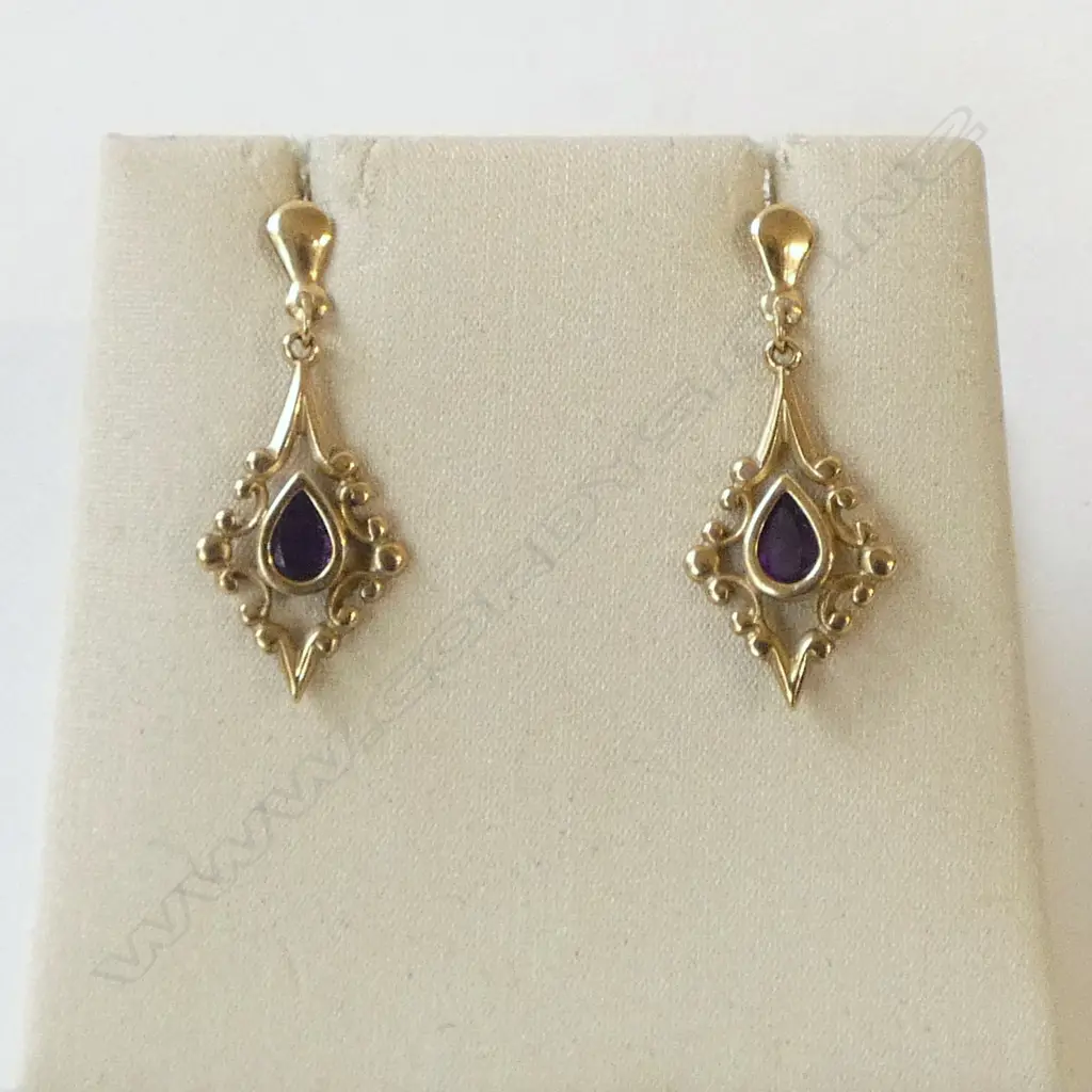 PR 9ct GOLD & AMETHYST DROP EARRINGS 1.86gms Image 1++