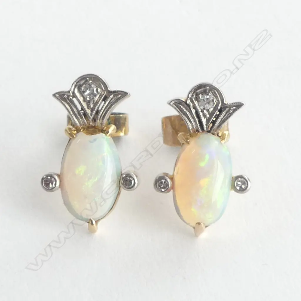 PR 18ct GOLD & OPAL ART DECO EARRINGS, 2.8grms 1 butterfly rolled gold. some chipping to opals Image 1++