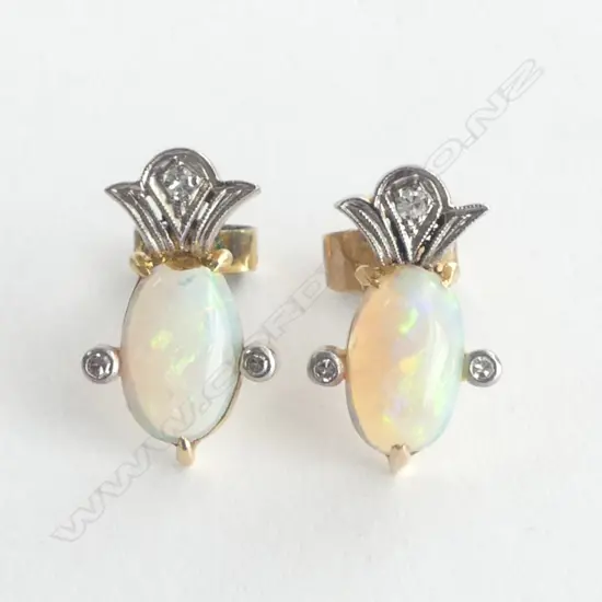 PR 18ct GOLD & OPAL ART DECO EARRINGS, 2.8grms 1 butterfly rolled gold. some chipping to opals