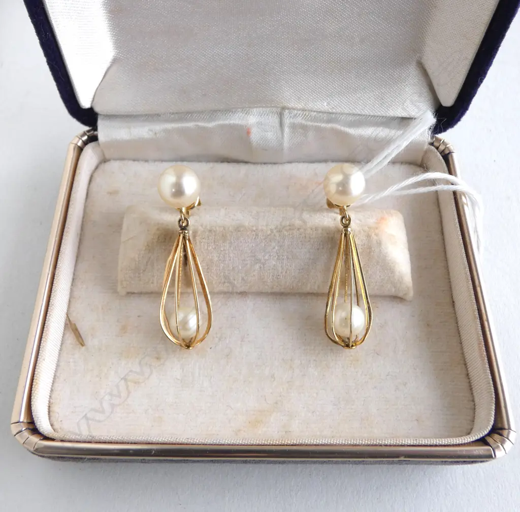14ct GOLD & CULTURED PEARL CAGED DROP EARRINGS screw fittings  4.3gms in fitted Hong Kong box   Image 1++