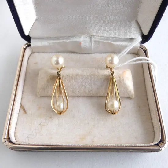 14ct GOLD & CULTURED PEARL CAGED DROP EARRINGS screw fittings  4.3gms in fitted Hong Kong box  