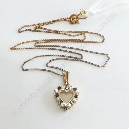 10ct GOLD sapphire & cz HEART PENDANT 1.5gms on gold plated chain