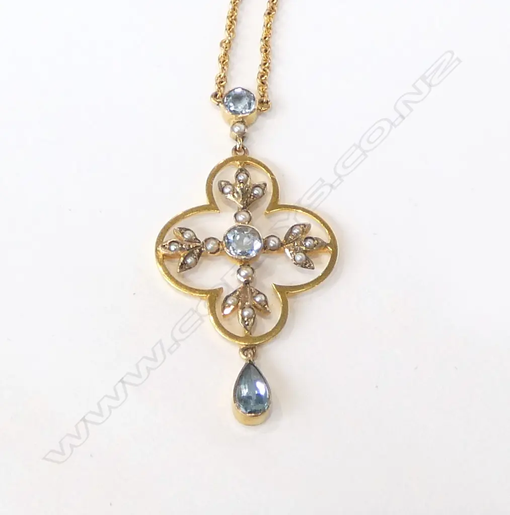 9ct EDWARDIAN AQUAMARINE & SEED PEARL PENDANT NECKLACE 4.7gms Image 1++
