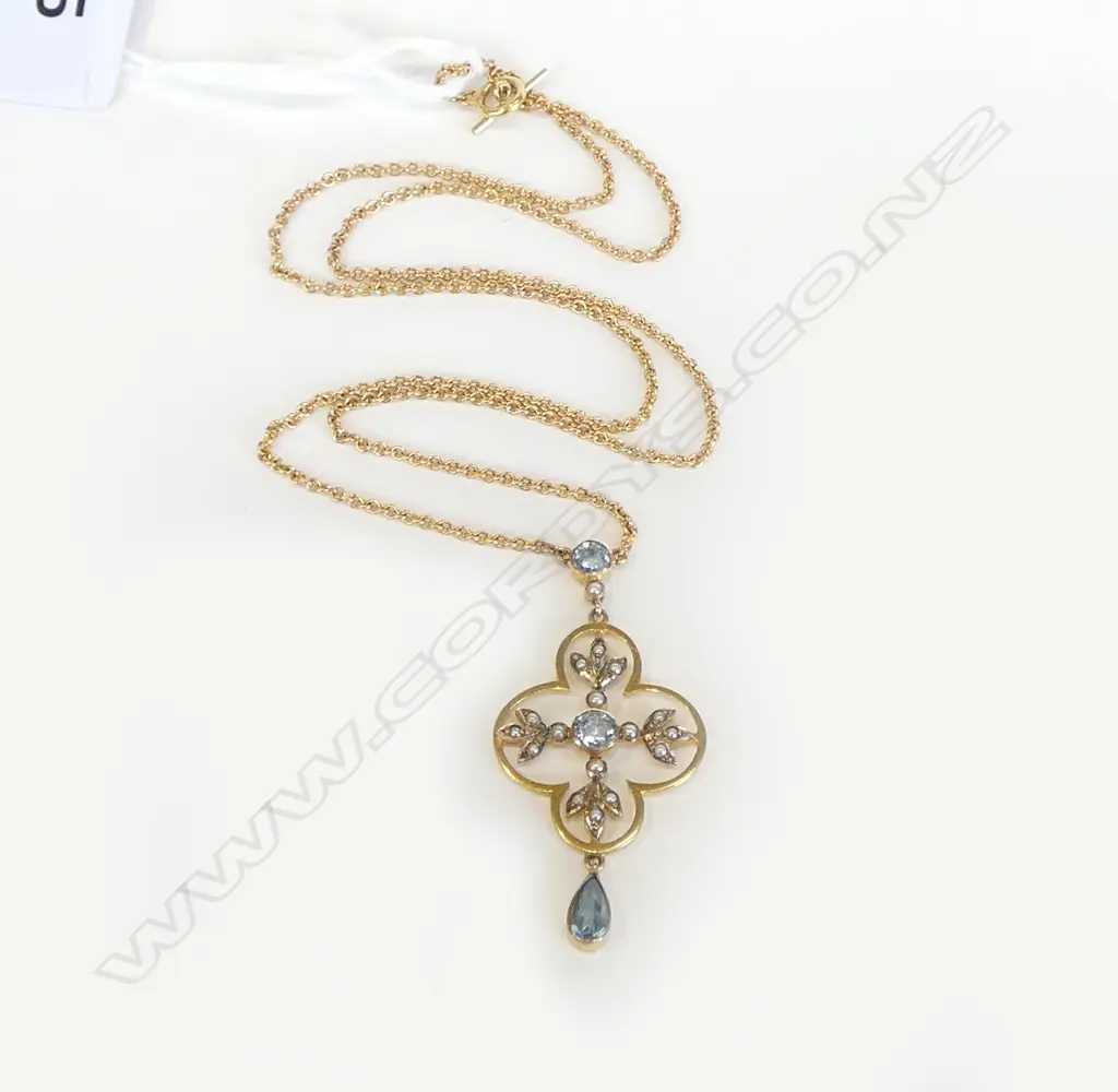 9ct EDWARDIAN AQUAMARINE & SEED PEARL PENDANT NECKLACE 4.7gms Image 1++