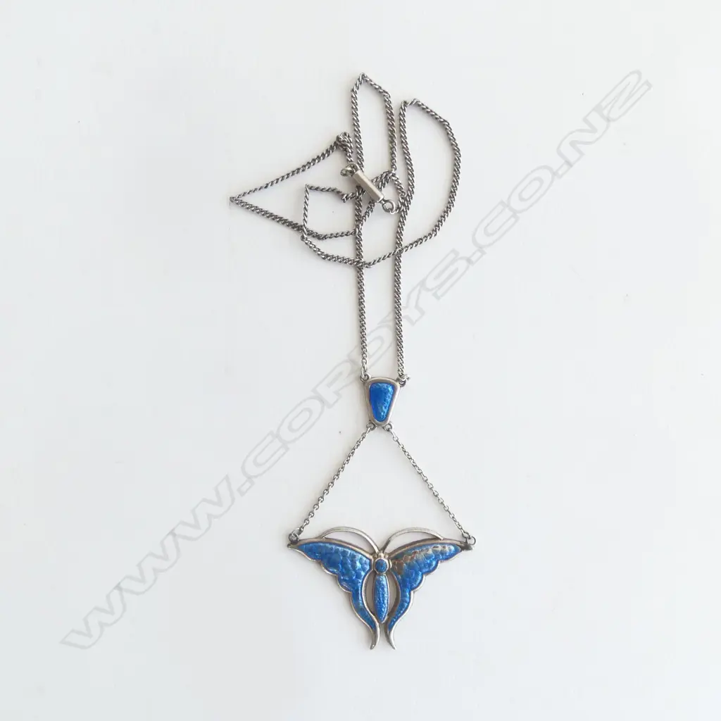 CHARLES HORNER design STG SIL. BUTTERFLY NECKLACE Chester 1912 enamel fault to 1 wing Image 1++