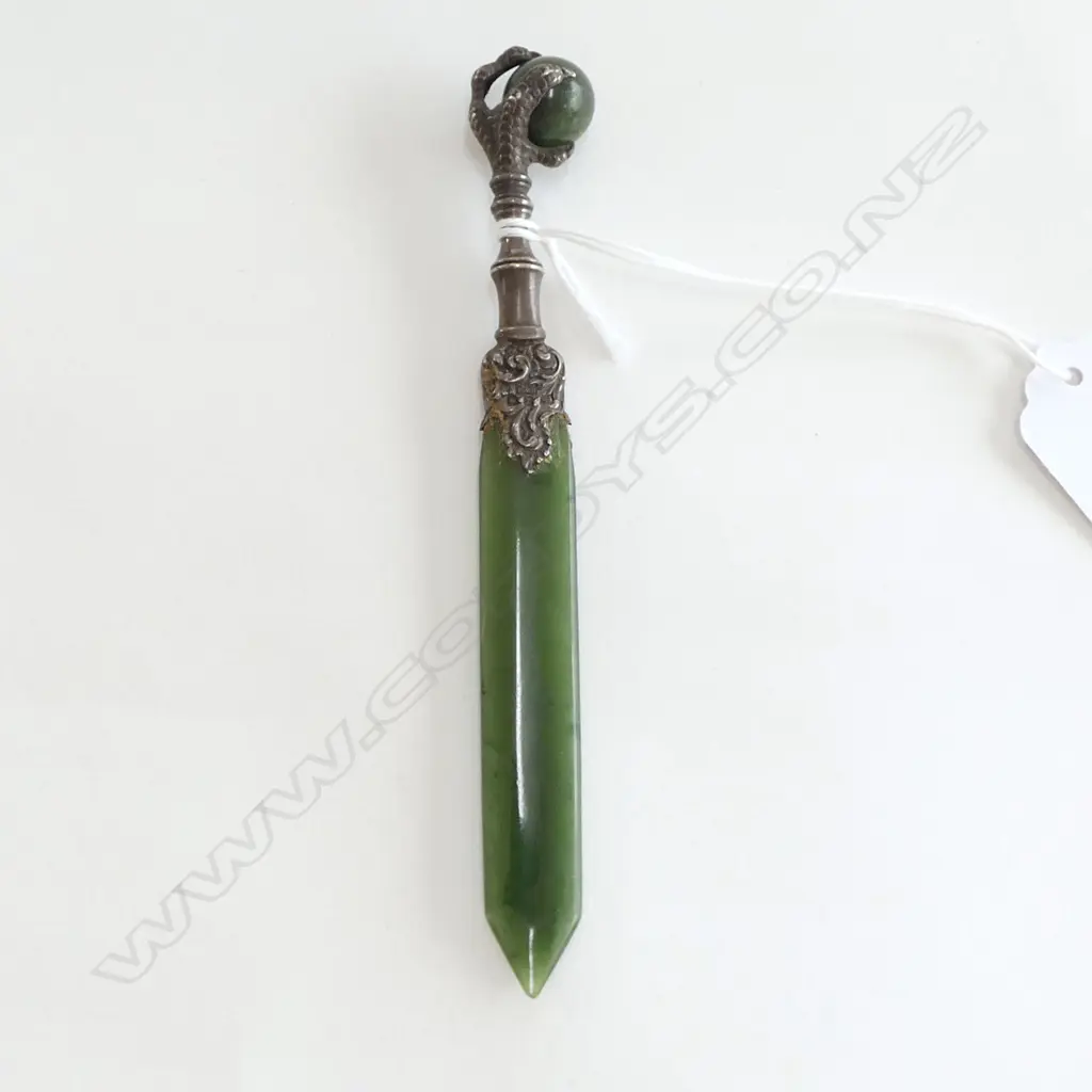 Birmingham 1924 silver & pounamu blade letter knife w eagles claw holding pounamu ball. L.135mm Image 1++
