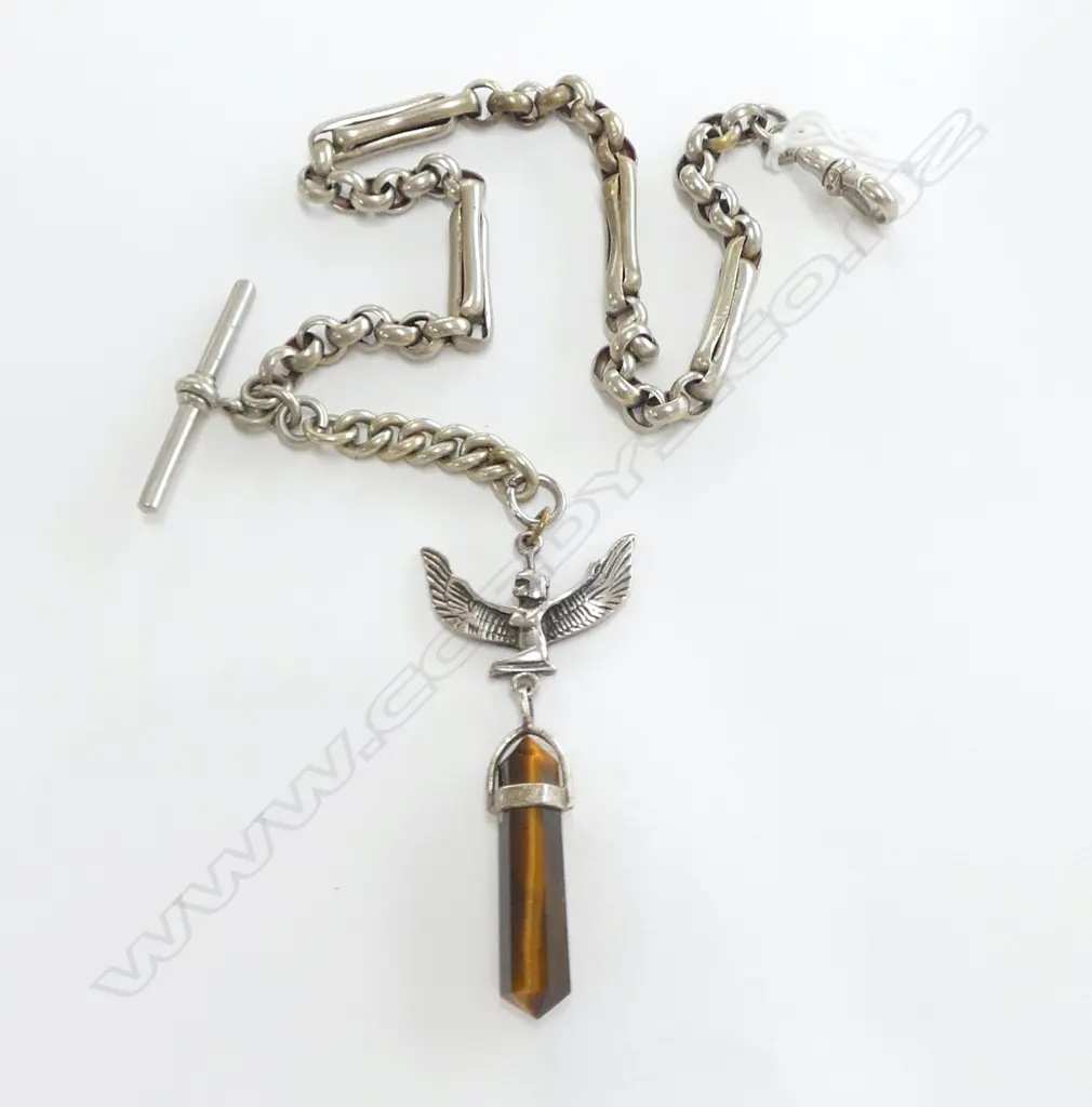 OLD 'MEXICAN SILVER' ALBERT CHAIN with later Egyptian & crystal drop Image 1++