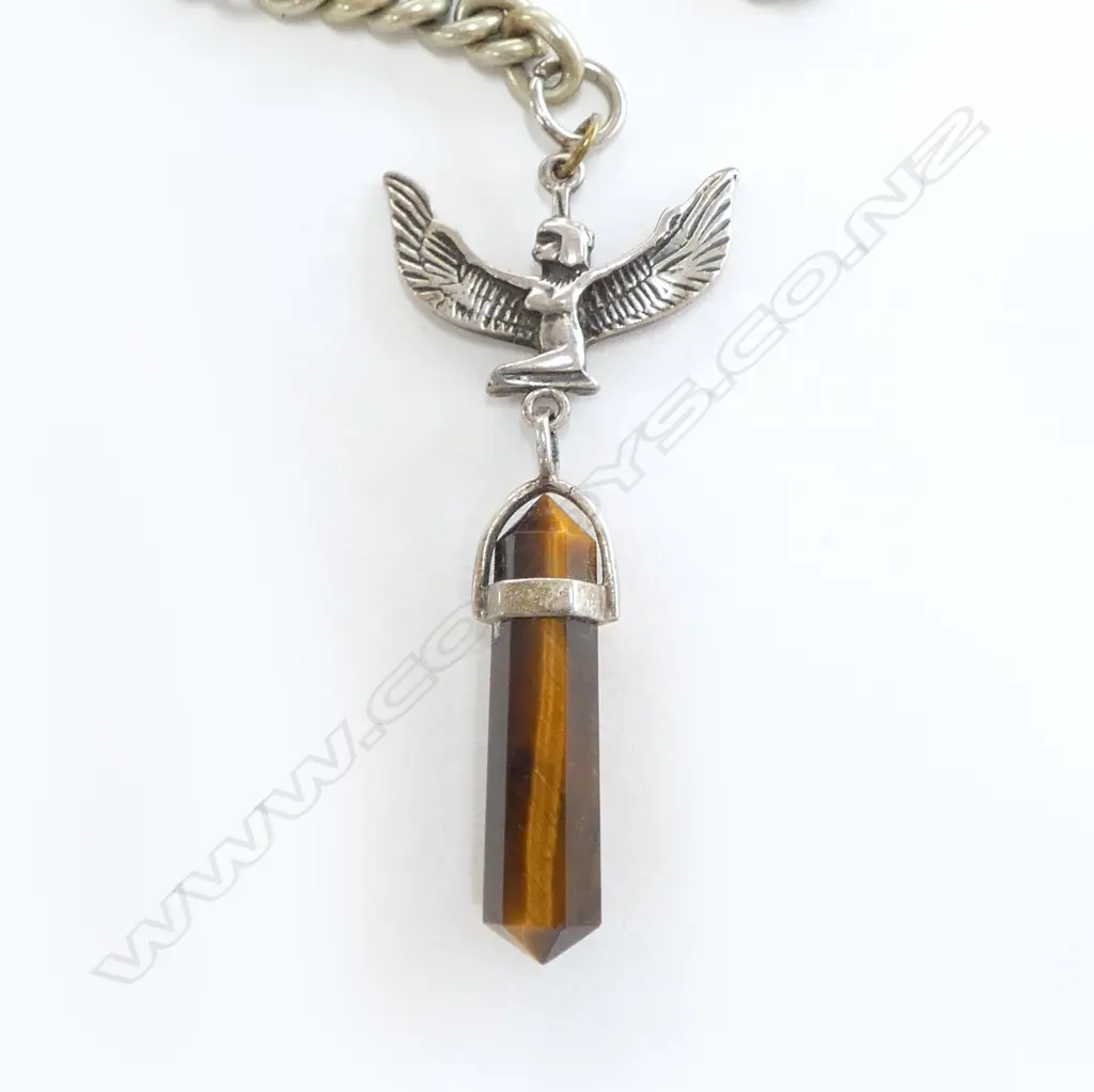 OLD 'MEXICAN SILVER' ALBERT CHAIN with later Egyptian & crystal drop Image 1++
