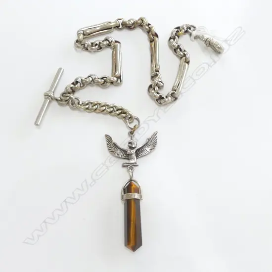 OLD 'MEXICAN SILVER' ALBERT CHAIN with later Egyptian & crystal drop