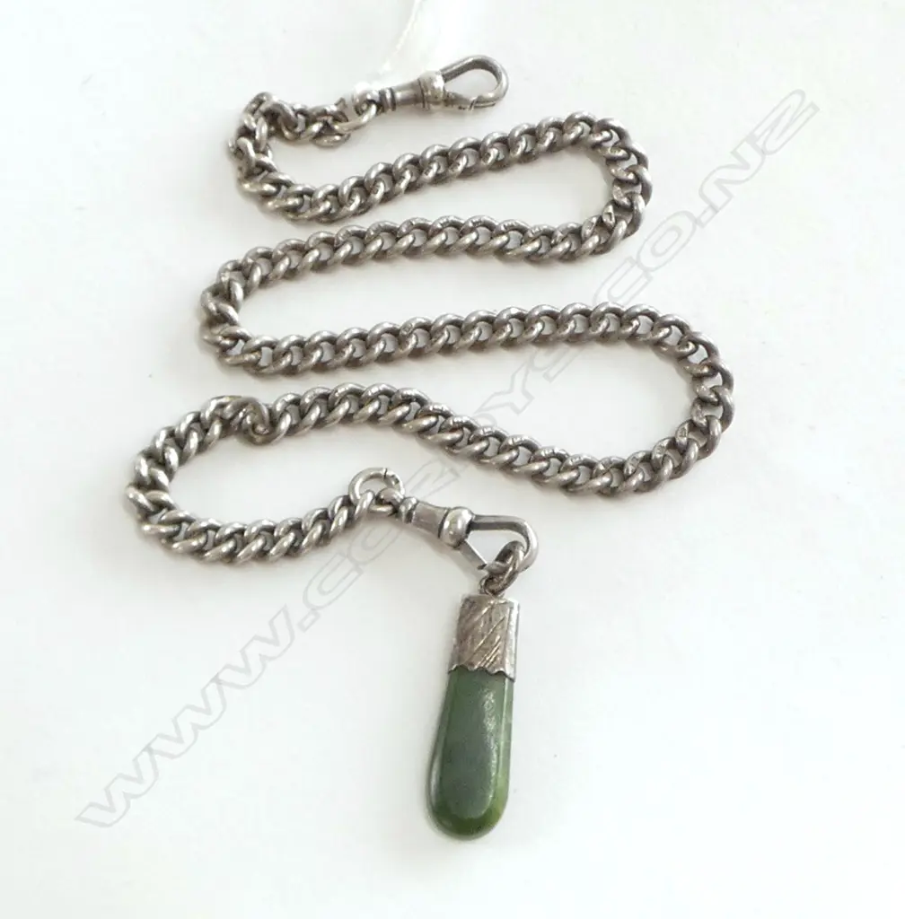 early 20thC LONG SILVER ALBERT CHAIN w greenstone fob L.430mm 46.8gms Image 1++