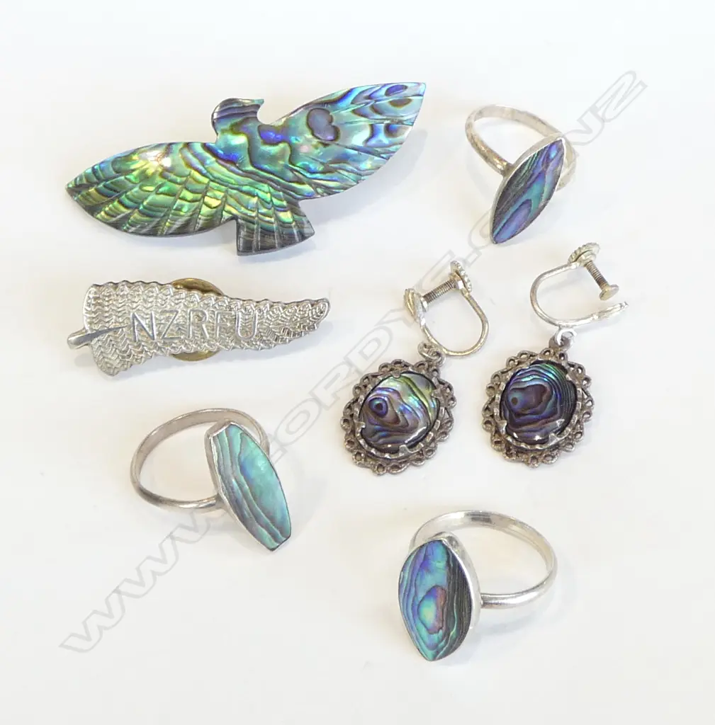ASST PAUA & SILVER JEWELLERTY ETC: bird brooch rings earrings + NZRFU badge Image 1++