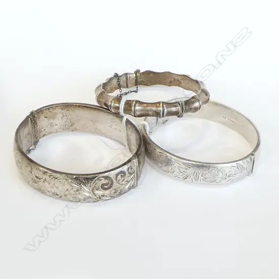 3 vintage SILVER BANGLES: 2 ENGRAVED 1 BAMBOO FORM 65gms