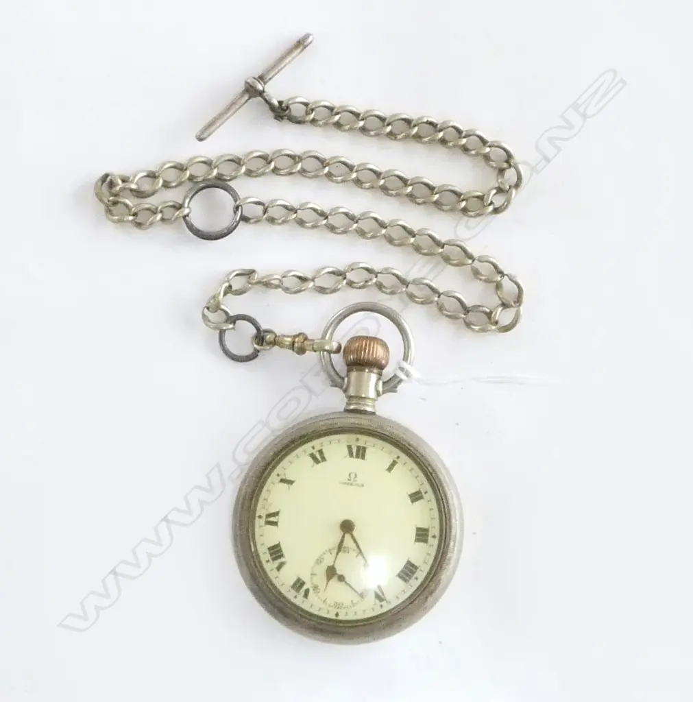 OMEGA white metal (chrome?) OPEN FACE POCKET WATCH running. With worn chain showing some faults Image 1++