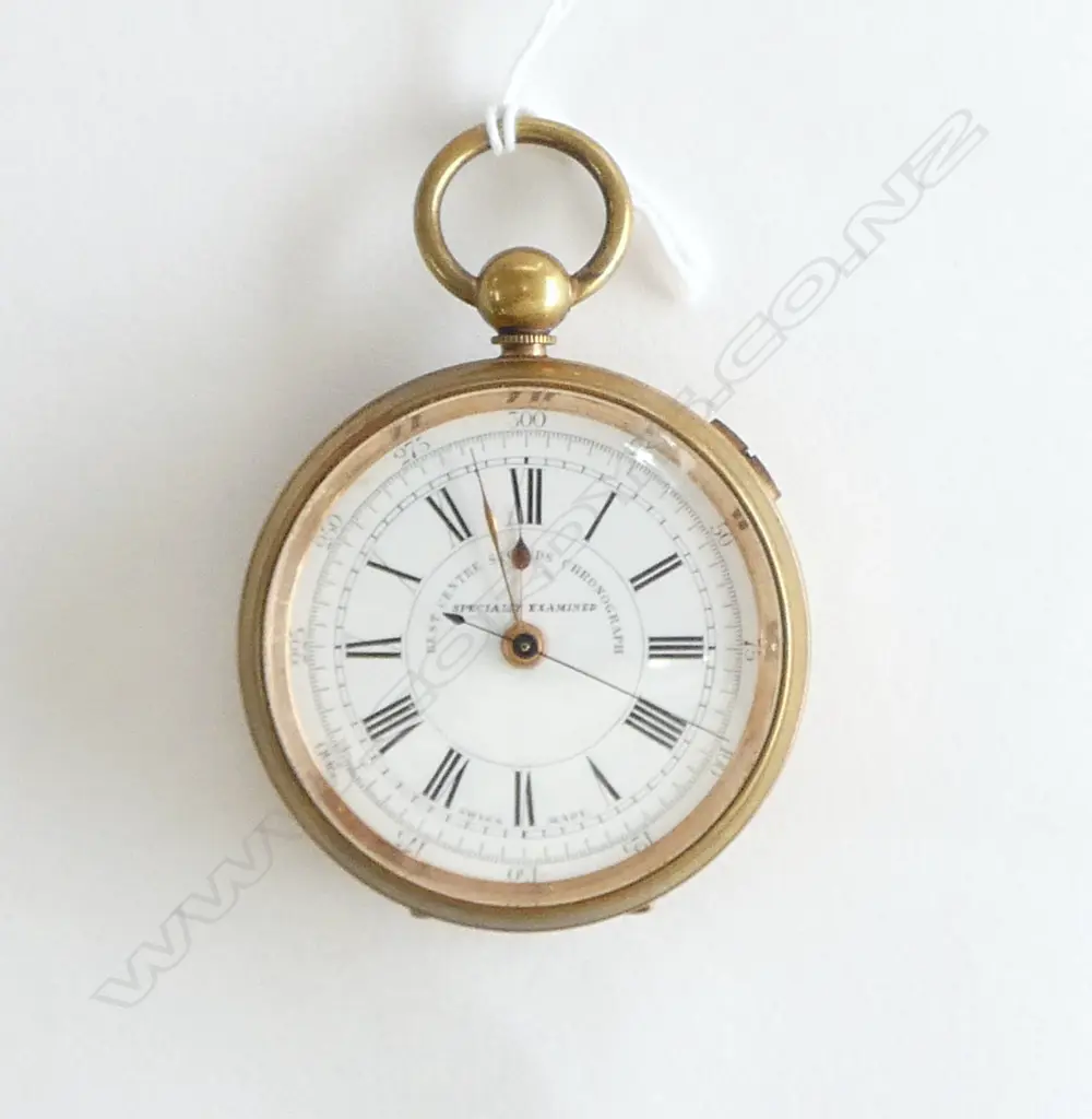 c.1900 SWISS 'SPECIALLY EXAMINED' CENTER SECONDS CHRONOGRAPH  gold plate. 'Railway Time Keeper' to movement. Running Image 1++