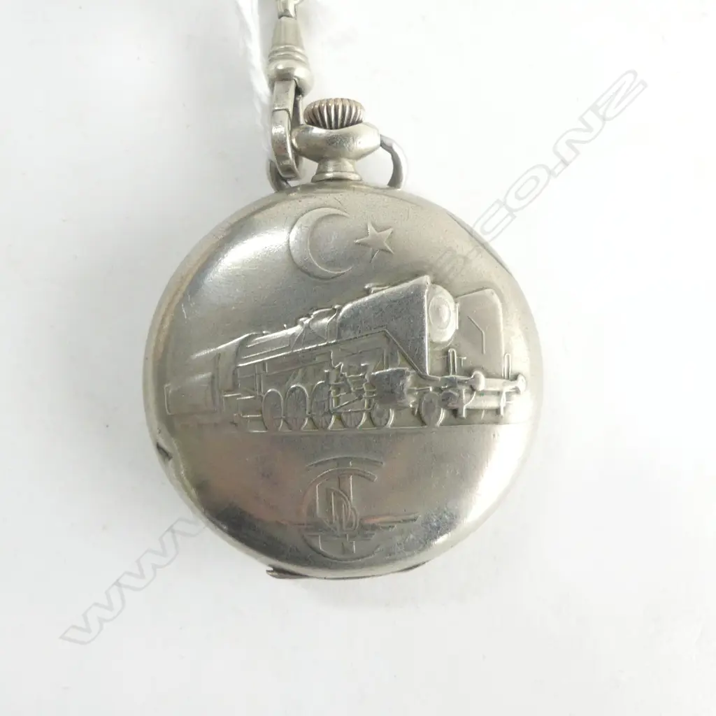 ZENITH TRAIN DECORATED POCKET WATCH ON CHAIN + SMITHS WATCH as is Image 1++